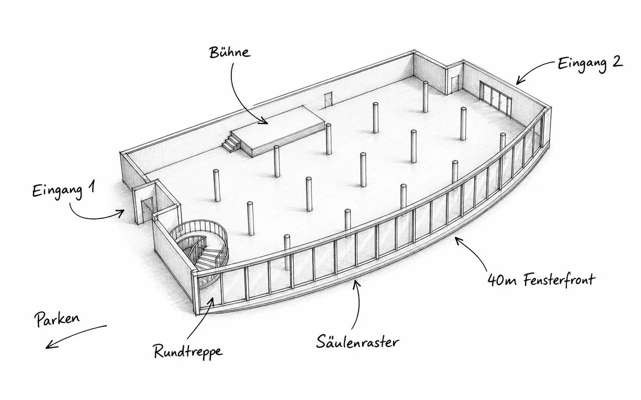 Handskizze der unteren Ebene mit Bühne, Säulenraster und zwei Eingängen